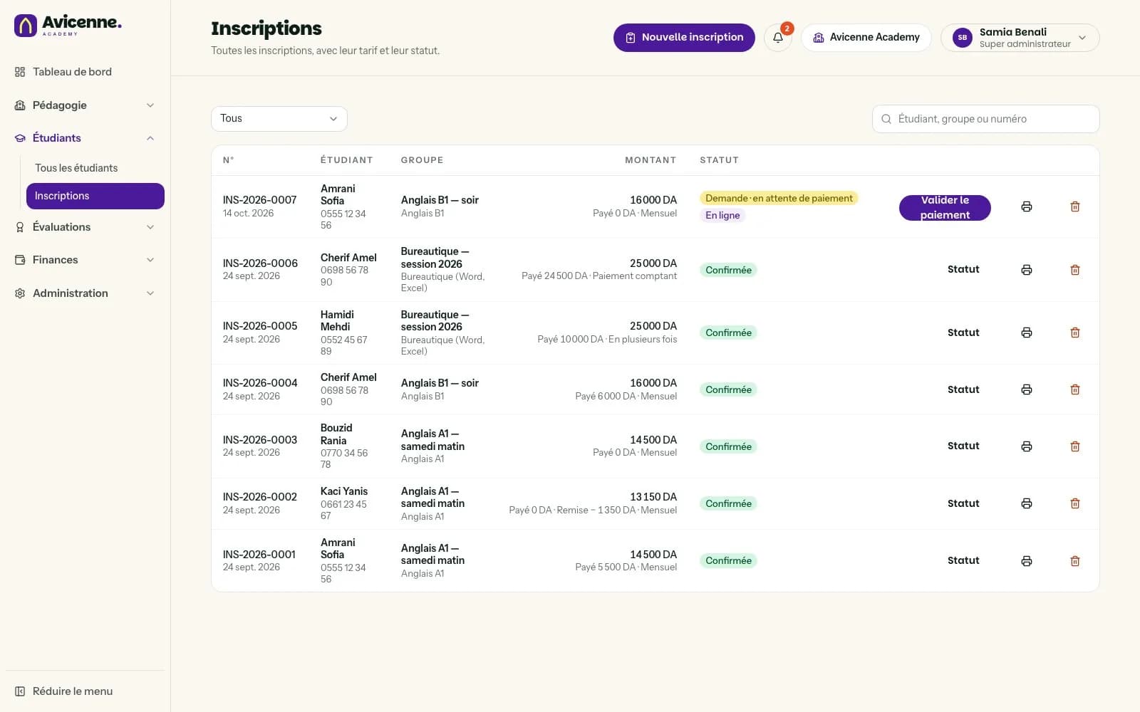 Avicenne — Back-office — inscriptions, tarifs et statuts