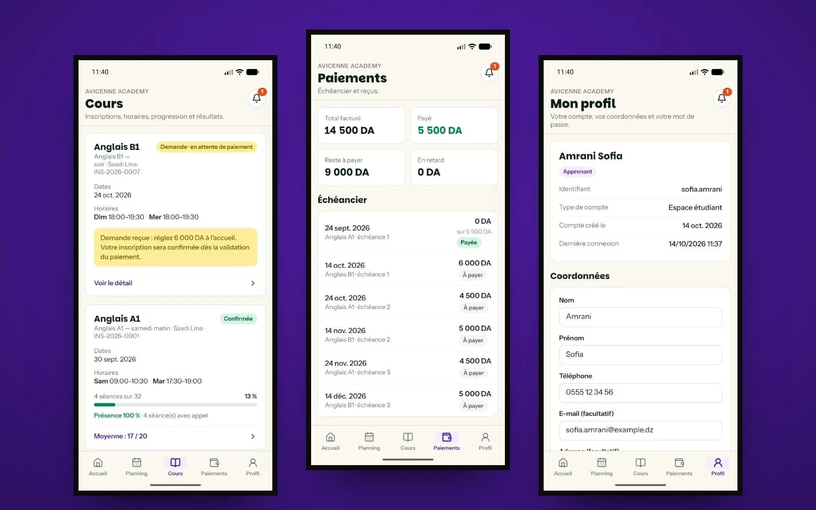 Avicenne — App mobile — cours, paiements et profil