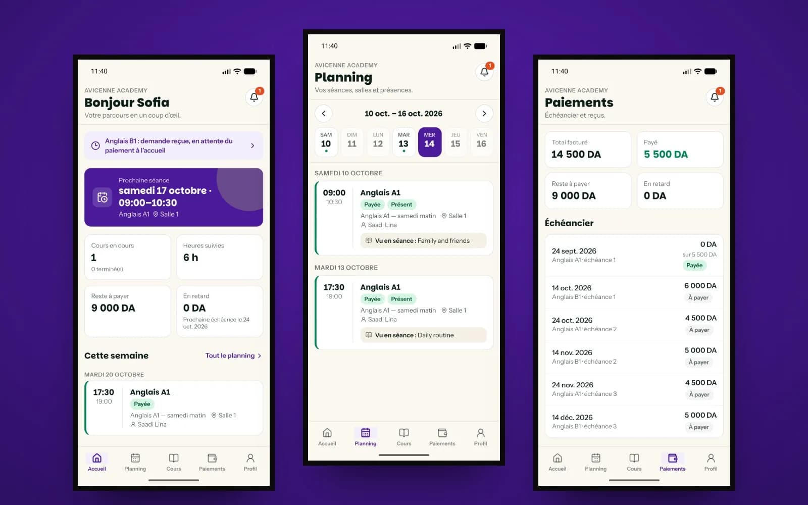 Avicenne — App mobile — accueil, planning et paiements