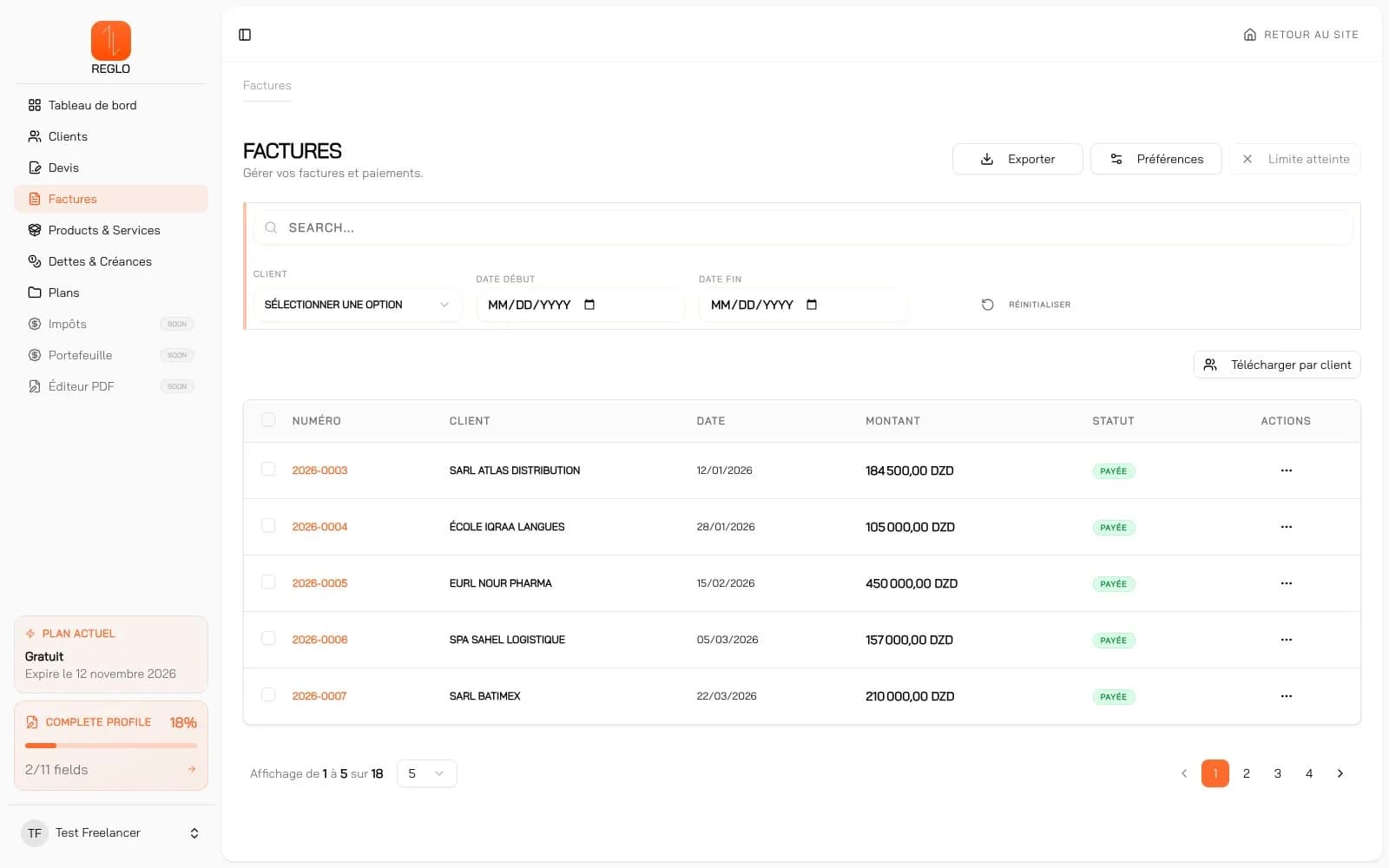 Reglo — App — factures, filtres et statuts de paiement